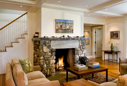 fireplace living stone farmhouse country designs hearth fireplaces rock interior ceiling concepts maine standout place around craftsman cozy seating brick