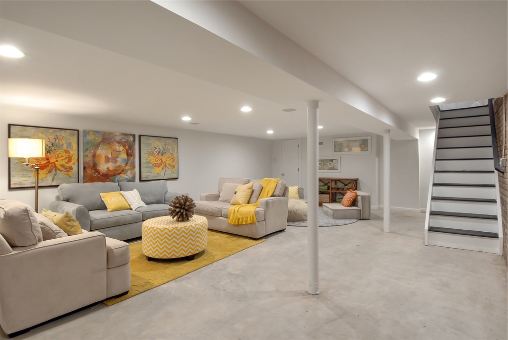 Contemporary Basement with Carpet