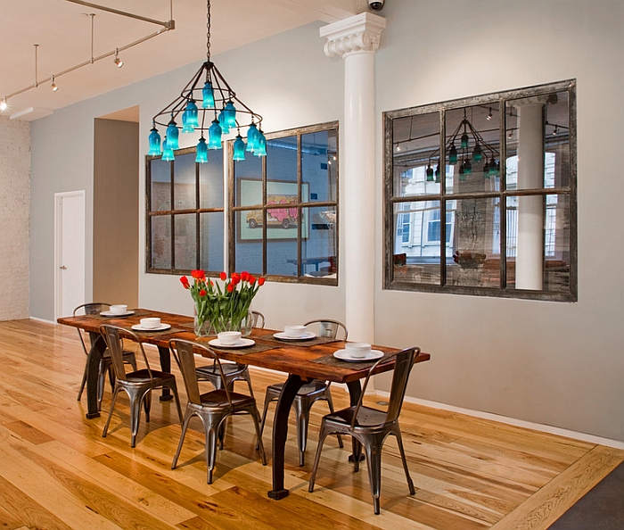 Industrial-style-dining-room-with-a-colorful-chandelier