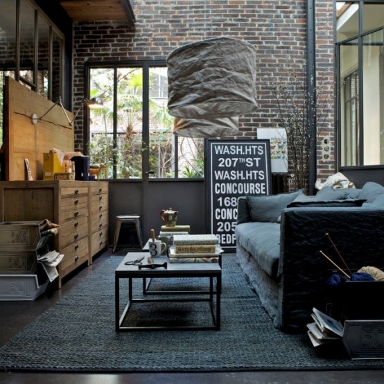 black-sofa-rug-industrial-interior-design-ideas-living-room-decor-color