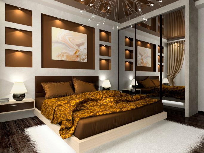 Interior of the comfortable bedroom in brown color