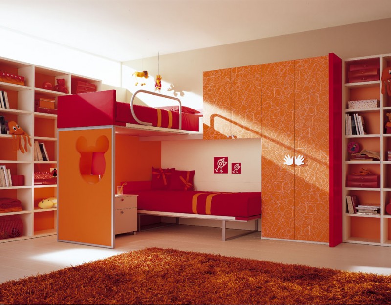 Decor-red-double-loft-beds-for-girls-bedroom-design-ideas