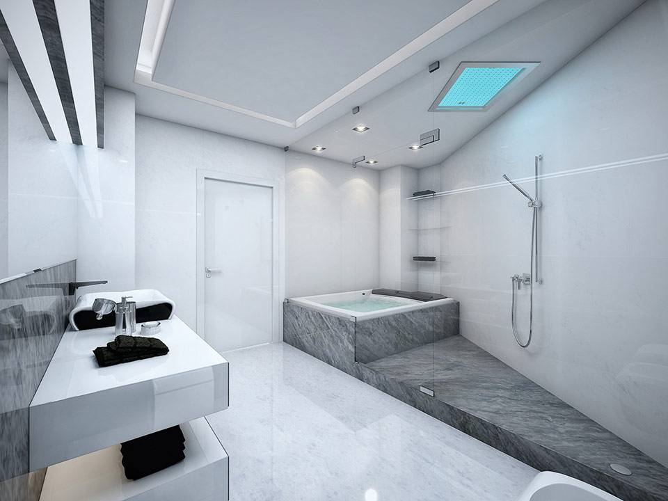 Modern Bathroom Design Ideas With Marble Flooring And Small Floating Glass Shelves