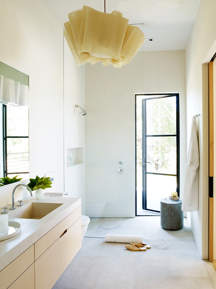 Contemporary Bathroom With Integrated Sink & Beige Floors Contemporary Bathroom With Integrated Sink & Beige Floors
